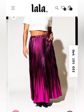 ISO (not for sale!): Dressed in Lala Metallic Pleated Midi Skirt in Cosmic Pink